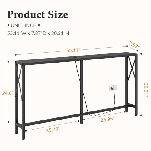 Gewudraw Narrow Console Table with Socket, Sofa Table Behind Couch, Black | 55.1" Couch Table, Industrial Style, Long Skinny Design,For Hallway,Living Room,Bedroom, Built-In Outlets & USB,140cm Length - color: Black, size: 55.1 in