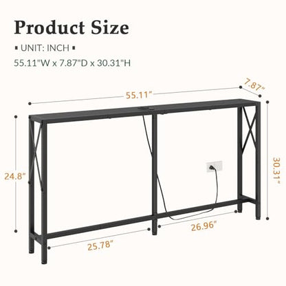 Gewudraw Narrow Console Table with Socket, Sofa Table Behind Couch, Black | 55.1" Couch Table, Industrial Style, Long Skinny Design,For Hallway,Living Room,Bedroom, Built-In Outlets & USB,140cm Length - color: Black, size: 55.1 in