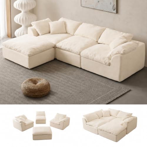 Oversized Cloud Couch Sectional Sofa for Living Room, Modular L Shaped Boneless Chenille Sofa with Chaise Lounge, Deep Seat Convertible Couch, Compressed No Assembly Floor Sofa (White)