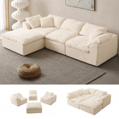 Oversized Cloud Couch Sectional Sofa for Living Room, Modular L Shaped Boneless Chenille Sofa with Chaise Lounge, Deep Seat Convertible Couch, Compressed No Assembly Floor Sofa (White)
