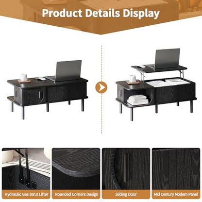 Lift Top Coffee Table,Wooden Rectangle Coffee Table with Hidden Storage Space,Metal Handles,Metal Legs,Mid Century Modern Style,Suitable for Living Room,Office,Apartment. (A-Lift Coffee Table-Black) - color: A-lift Coffee Table-black