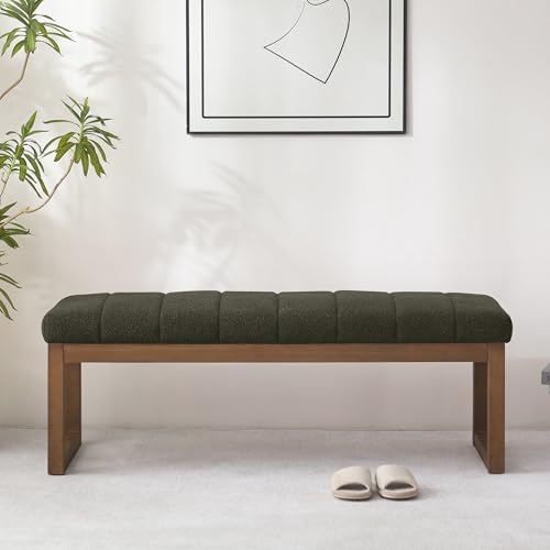Zihanhome 52.7" Bedroom Bench for End of Bed, Modern Upholstered Teddy Fabric Entryway Bench & Dining Bench, Footrest Stool Bench with Solid Wood Frame for Bedroom, Living Room (Green) - color: Green
