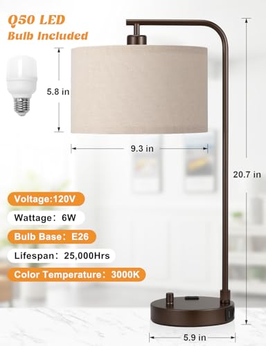Innqoo Brown Table Lamp for Bedroom with USB Port and Outlet, Dimmable Nightstand Bedside Lamps with Linen Lampshade, Desk Lamp for Home Office, Living Room, Guest Room, LED Bulb Included - color: E-Beige Shade & Brown Base
