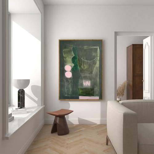 Abstract Painting Print Emerald Green and Pink Artwork 16x24 Inch Unframed | large vertical wall art dark green abstract wall art abstract geometric art print boho wall art for home living room office - color: Emerald Green and Pink