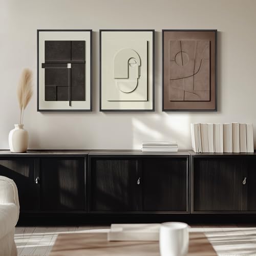 3D Textured Framed Abstract Wall Art, 3 Piece Modern Paintings Artwork for Walls, Black White Brown Geometric Sandstone Texture Pictures for Living Room Dining Room Bedroom Office Wall Decor 16x24 In | Texture Paintings, Minimalist Neutral Black White Bro