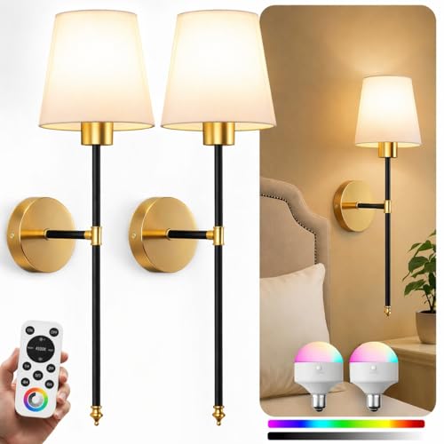 IRONPAX Wall Sconces Battery Operated Set of 2, Wireless Rechargeable Wall Sconce Set of Two, Dimmable Wall Lights with Remote for Bedroom Living Room Hallway Decor (Black-Gold, Fabric Shade) - color: Black-Gold