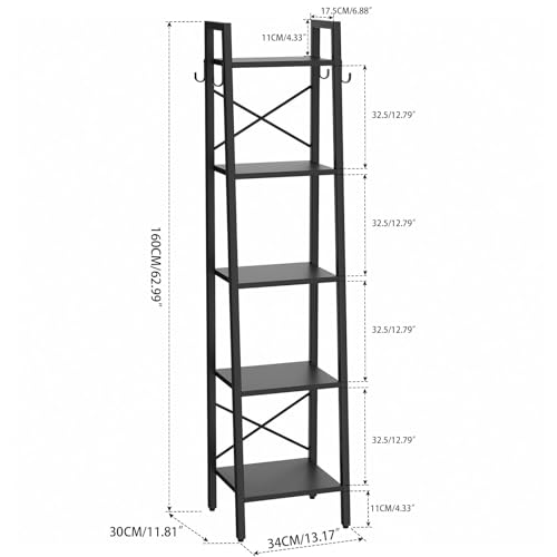 YMYNY 5 Tiers Ladder Bookcase, Industrial Narrow Bookshelf, Open Display Rack with 4 S Hooks, Metal Storage Shelves for Bedroom, Home Office, Living Room, Black, 63H*13.4L*11.8W, UHBC025B - color: Black, size: 5 Tiers