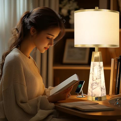 KIVDITZO 27" Alabaster Table Lamps Set of 2 for Bedroom with Night Light | Bedside Lamps with White Linen Shade, Nightstand Table Lamp with USB A+C Port, for Living Room Office (Bulbs Included) - color: Gold