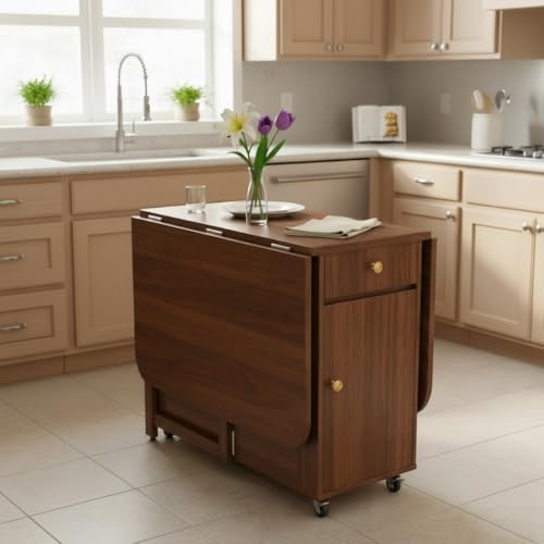 Small Drop Leaf Table - 51" Fully Assembled Folding Dining Table 4-6 Seater with Storage and Lockable Wheels, Space-Saving for Kitchen or Dining Room (Walnut) - color: Walnut, size: Only 51.18″L Table
