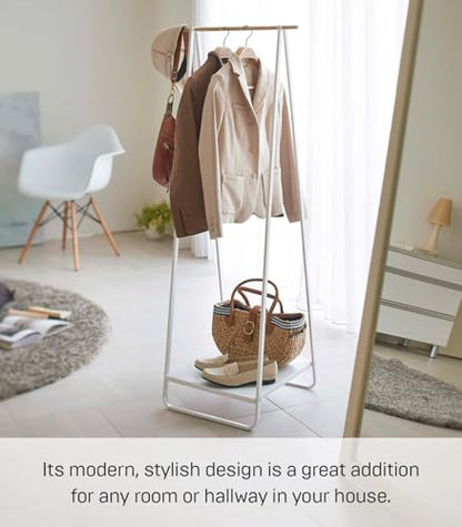 YAMAZAKI Home Freestanding Coat Hanger Clothes Rack with Shelf Steel One Size White | Freestanding coat hanger features a steel frame and bottom shelf. Space-saving vertical organization. Easy to assemble. - color: White