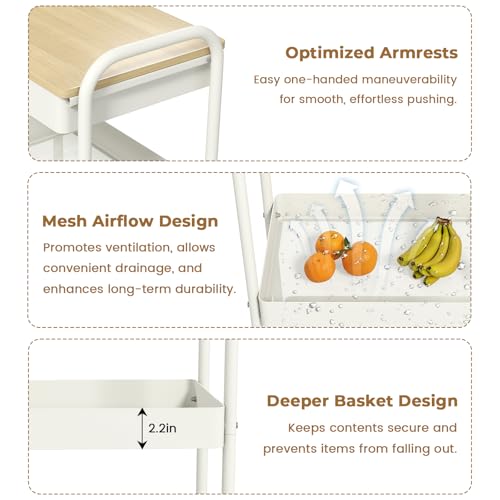 3 Tier Rolling Cart with Wooden Table Top, White Rolling Utility Cart with Drawer & Locked Wheels, Easy Assembly for Nursery, Living Room, Studio - color: White