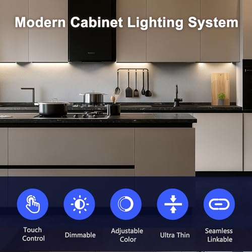 VST Touch Control 6 Pack Under Cabinet Lighting, 2700K-6500K, Black | LED Cabinet Light Bars, Dimmable & Adjustable Color Temperature, Ultra Thin Linkable Under Counter Lights for Kitchen, Closet - color: Black