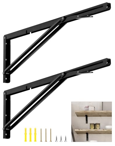QWORK 24" Heavy Duty Folding Shelf Brackets for Wall Mounted Folding Tables Benches Shelves, Max Load 330lbs, 2 Pack Iron Bracket with Black Finish