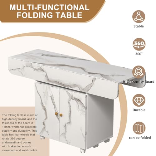 Folding Dining Table for 4-6 with Storage Rack and Cabinet, White Marble Color Kitchen Island, Versatile Space-Saving Table - color: White (Table Only)