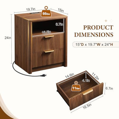 LYNCOHOME 19.7" Fluted Nightstands Set of 2 with Charging Station, 2 Drawer Bedside Table, Modern Night Stand with Curved Edge, Wooden End Table for Bedroom, Rounded Night Stand with Storage, Walnut - size: 15"D x 19.7"W x 24.2"H（2 Drawers）