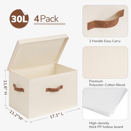 CHICVITA 4-Pack Large Fabric Storage Bins with Lids for Shelves, Ivory | 17.1" x 11.2" x 11.6" Decorative Storage Boxes with Handles for Clothes Fit Closet, Toy Box with Support Plate for Playroom - color: Ivory, size: 30L (17.1"L x 11.2"W x 11.6"H)