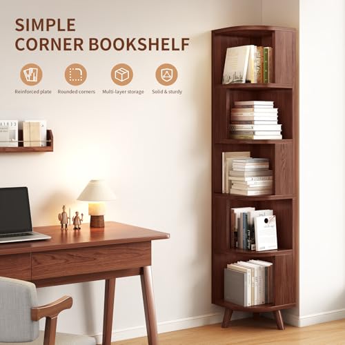 5-Tier Corner Bookshelf, Modern Corner Shelf, Freestanding Bookcase Corner Cabinet Storage Display Shelf Organizer for Living Room Home Office Bedroom Kitchen
