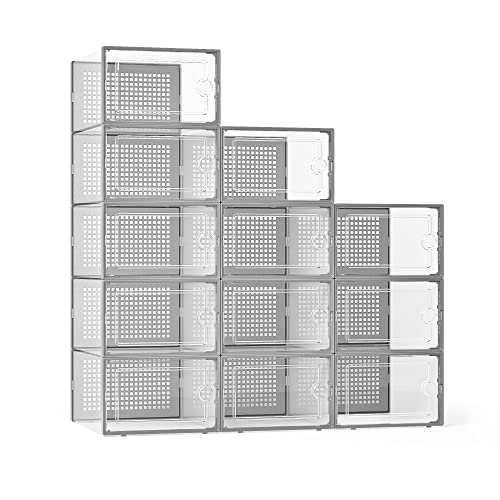 Kuject X-Large Shoe Storage Boxes 12 Pack, Clear Stackable Shoe Organizer | Shoe Case for Closet, Entryway & Under-Bed Storage, Drop-Front Design, Space-Saving Solution for Family Organization,Grey - color: Grey, size: X-Large