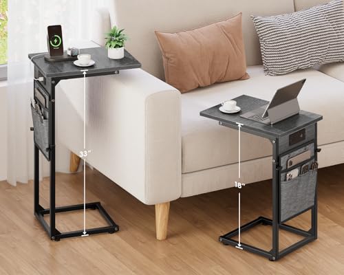 C Shaped End Table with Charging Station, C Table End Table Adjustable Height, Small Side Table for Couch, Sofa Table Slide Under Couch TV Tray Arm Table for Living Room, Bedroom, Gray Walnut - color: Gray Walnut, style: With Plug