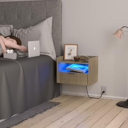 Veegle White Floating Nightstand with Charging Station and LED Lights (Grey) - color: Grey