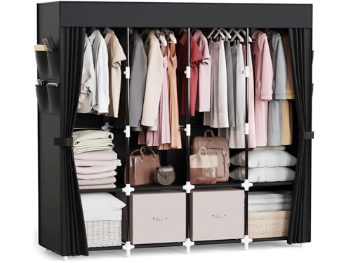 Mavivegue Clothes Organizer with 4 Hanging Rods, Portable Closet Wardrobe | Non-Woven Fabric Cover,Large Capacity Storage for Bedroom and Living Room,Black,67"W x 17"D x 67"H - color: Black, size: 67"W x 17"D x 67"H