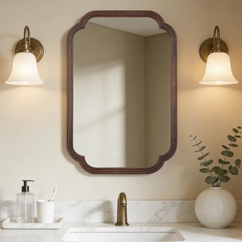 20" x 30" Rounded Corner Arch Wall Mirror with Wood Frame for Entryway, Living Room or Bedroom Home Decor - Light Woodgrain [20" x 30" Walnut] - color: Walnut a, size: 30"L x 20"W