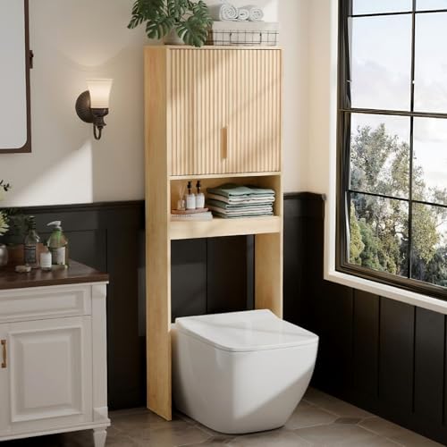 VINGLI Over The Toilet Storage Cabinet with Fluted Doors, Mid Century Modern Bathroom Organizer Over Toilet, Freestanding Wooden Space Saver Stand with Adjustable Shelves, Natural Oak - color: Natural Oak, size: 9.5"D x 23.6"W x 68"H