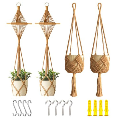 4 Pack Macrame Plant Hangers Indoor Up to 10 inch Pot, Boho Hanging Planters, Plant Holder with 8Pcs Stainless Steel Hooks - color: 4pcs Caramel Hanger