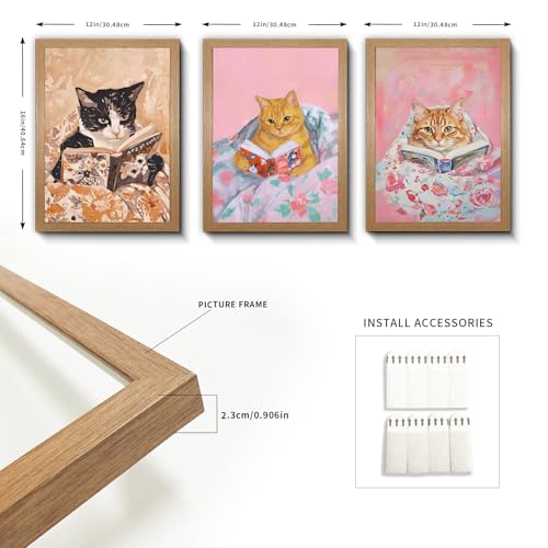 OVQJZIS 3 Piece Cozy Cats Reading Books Oil Painting, Natural Oak Wood Grain Gallery Frame, Whimsical Kitten Wall Art for Bedroom & Reading Nook, Each piece12 x 16 inches - color: Whimsical Kitten