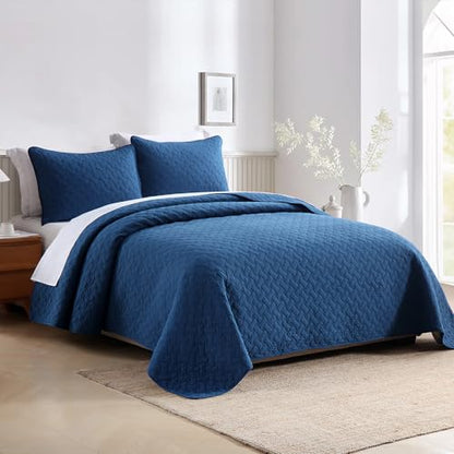 Wistown Cotton King Bedspread Quilt Bedding Sets, Navy Blue | 3 Pieces Reversible Lightweight Soft Coverlets Comforters, All Seasons, Weave Stitching Pattern - color: Navy Blue Weave Pattern, size: King (98 by108inch)