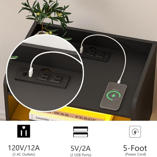 Veegle White Floating Nightstand with Charging Station and LED Lights (Black) - color: Black