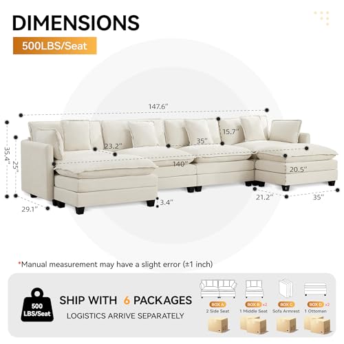 147'' Sectional Cloud Deep Seat Couch, Oversized Chenille U Shaped Sectional Sofa for Living Room Set, Comfy Upholstered Modular Sectional Sofa Couch with 2 Movable Ottoman, Beige - color: Beige, size: 147'' U Shape