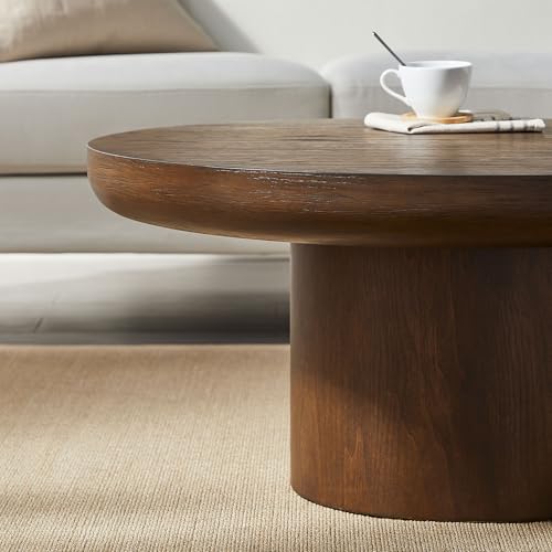 35.98" Round Coffee Table with Cylindrical Base, Modern Wood Drum Center Table, Accent Side End Table for Living Room Apartment, φ35.98"*15.98"H (Dark Brown) - color: C-35.98" Brown