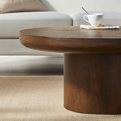 35.98" Round Coffee Table with Cylindrical Base, Modern Wood Drum Center Table, Accent Side End Table for Living Room Apartment, φ35.98"*15.98"H (Dark Brown) - color: C-35.98" Brown