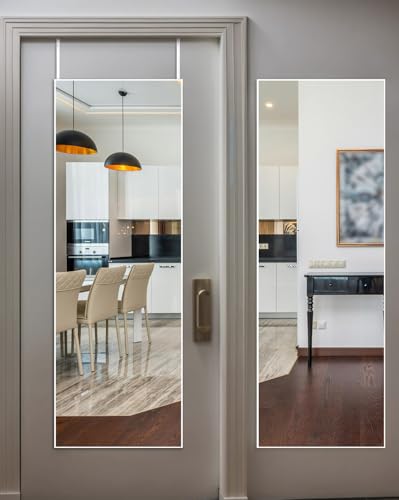 DMWOODFL 48"x14" Over-The-Door Full Length Mirror - No Drill Hanging with Metal Hooks, Shatterproof Glass & Aluminum Frame for Bathroom, Bedroom, Entryway Decor（Silver White） - color: Silver White