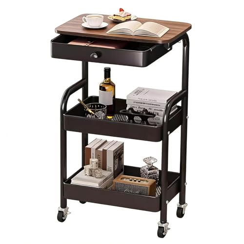 3-Tier Rolling Utility Cart with Drawers, Solid Wood Tabletop Metal Storage Cart, 360° Swivel Wheels & 2 Lockable Casters, Lightweight Mobile Organizer Trolley for Kitchen Living Room Bathroom - color: Black