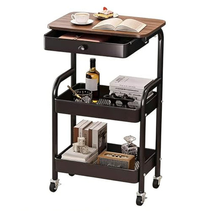 3-Tier Rolling Utility Cart with Drawers, Solid Wood Tabletop Metal Storage Cart, 360° Swivel Wheels & 2 Lockable Casters, Lightweight Mobile Organizer Trolley for Kitchen Living Room Bathroom - color: Black