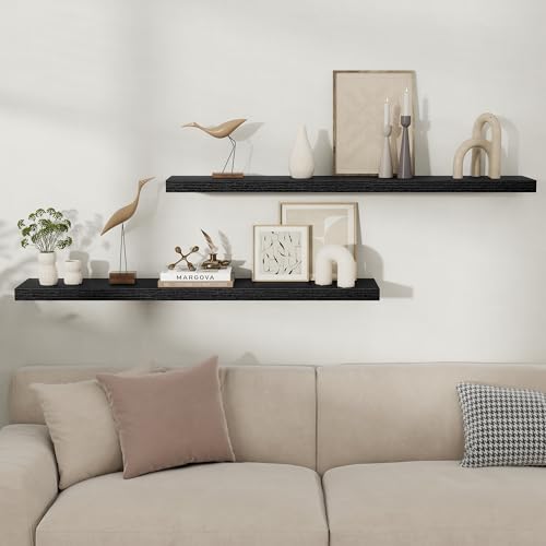 Fun Memories Floating Shelves for Wall, 48 Inch Long Set of 2 Rustic Wood Wall Shelves with Invisible Brackets, Heavy Duty Storage Display for Living Room Bedroom Kitchen, Black - color: Black, size: 48"W x 8"D, Set of 2