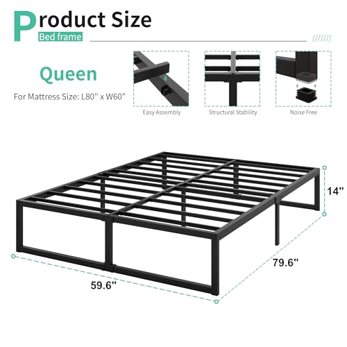 Lutown-Teen 14 Inch Queen Bed Frame with Heavy Duty Steel Slat Support | Sturdy Metal Platform Bed Frame Queen Size No Box Spring Needed, Noise Free, Easy Assembly, Black