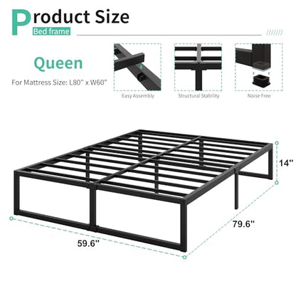 Lutown-Teen 14 Inch Queen Bed Frame with Heavy Duty Steel Slat Support | Sturdy Metal Platform Bed Frame Queen Size No Box Spring Needed, Noise Free, Easy Assembly, Black