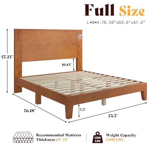 AMERLIFE Full Size Solid Wood Platform Bed with Mid Century Style, Brown | Solid Wood Frame, Mid Century Modern Design, Wood Slat Support, Brown Finish - color: Brown, size: Full