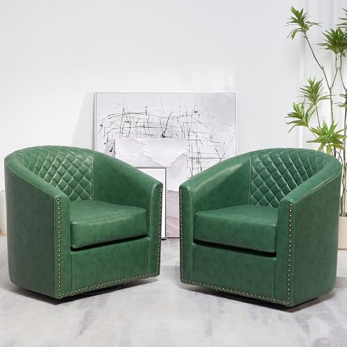 KINWELL 29" W Faux Leather Tufted PU Swivel Barrel Chairs Set of 2, Green | No Assembly Vegan Leather Upholstered Swivel Accent Chairs with Nailhead Trim, Small Armchairs for Small Spaces Apartment - color: Green, style: Set of 2