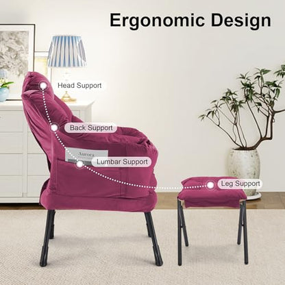 Lazy Chair with Ottoman Comfy Accent Lounge Chair with Side Pocket Cozy Chair Modern Reading Armchair with Footrest Upholstered Sofa Chair for Small Spaces Living Room Dorm Bedroom WineRed - color: Winered