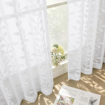 White Sheer Curtains 96 Inches Long - Jacquard Leaf Clip Textured Sheer Curtains for Living Room, Farmhouse Light Mitering Window Treatments Drapes with Rod Pocket, 2 Panels, 2x42Wx96L Inches - color: White, size: 42"W x 96"L (Pack of 2)