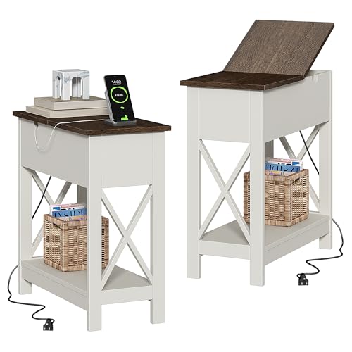 ChooChoo End Tables Living Room Set of 2, Side Table with Charging Station | Narrow Flip Top Side Table, Nightstand Sofa Table for Living Room, Bedroom, White and Brown - color: Soft White & Brown