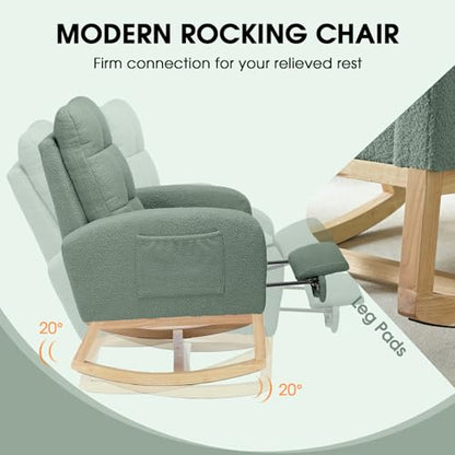 NIOIIKIT Modern Nursery Rocking Chair, Teddy Upholstered Rocking Chair with Footrest, Comfortable Rocker Chair with Side Pocket, Rocker Chair for Living Room, Bedroom, Nursing Room (Green) - color: Green