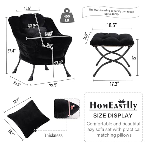 Lazy Chair with Ottoman, Plush Reading Chair with Pillow，Black | Removable machine-washable cover; includes an extra throw pillow; cozy accent chair for living room, bedroom, dorm or office - color: Plush Black-1