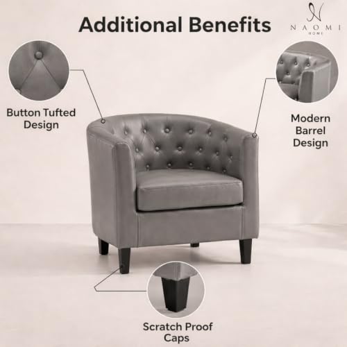 Naomi Home Emma Faux Leather Tufted Barrel Accent Chair - Gray | Solid wood frame, sturdy legs and easy-clean faux leather create lasting comfort for living room, bedroom or office. - color: Grey, style: Barrel