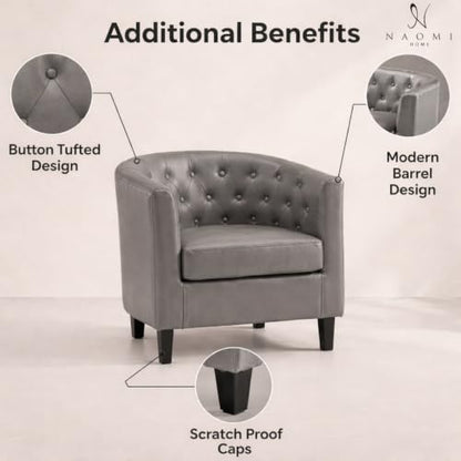 Naomi Home Emma Faux Leather Tufted Barrel Accent Chair - Gray | Solid wood frame, sturdy legs and easy-clean faux leather create lasting comfort for living room, bedroom or office. - color: Grey, style: Barrel