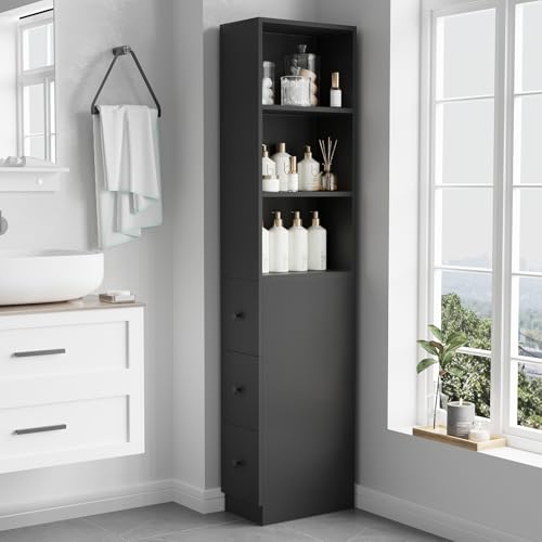 ARTETHYS Tall Narrow Free Standing Bathroom Storage Cabinet Set of 2, Black | 3-Level Adjustable Shelves, Home - Space Saver for Living Room Kitchen, 3 Drawers - color: Black Set of 2